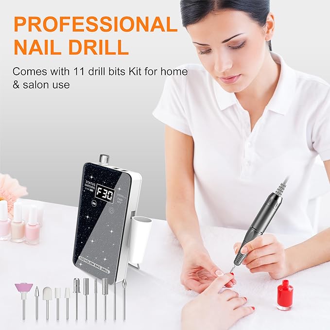 Professional Electric Nail Drill File:COSYGLOW Glitter Portable Cordless E-File Nail Drill Kit with 11 Drill Bits,30000 RPM Rechargeable Nail Drills Machine for Acrylic Nails Gel Polishing(Black)
