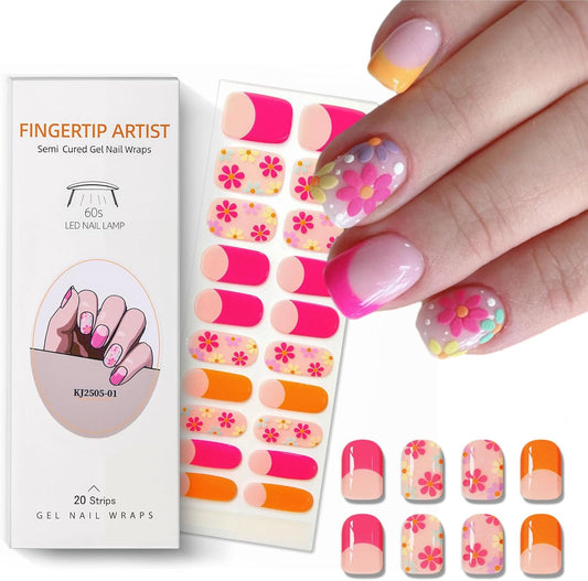 Semi Cured Gel Nail Strips French Tip Nail Stickers with Flower Designs Cute Glossy Gel Stickers Salon Quality & Easy to Use Need UV/LED Light for Women 20 Pcs