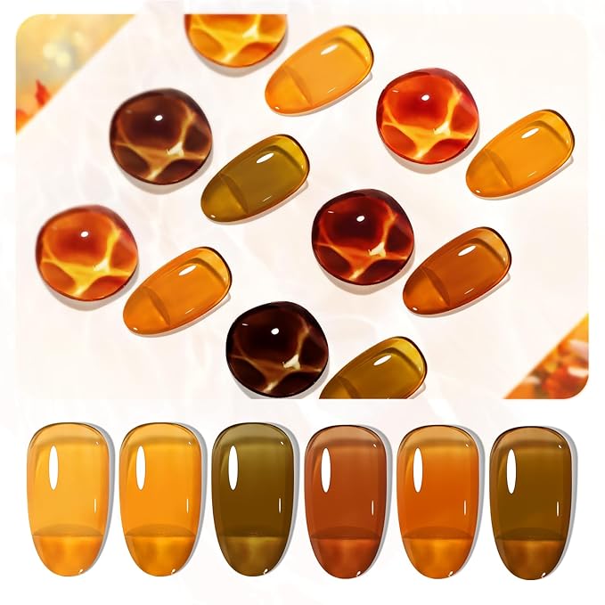 JODSONE 6 Colors Gel Nail Polish Set Fall Collection Jelly Effect Soak Off Need U V LED Gel Polish Set Autumn Mauve Brown RedSalon-Quality DlY Home Manicure