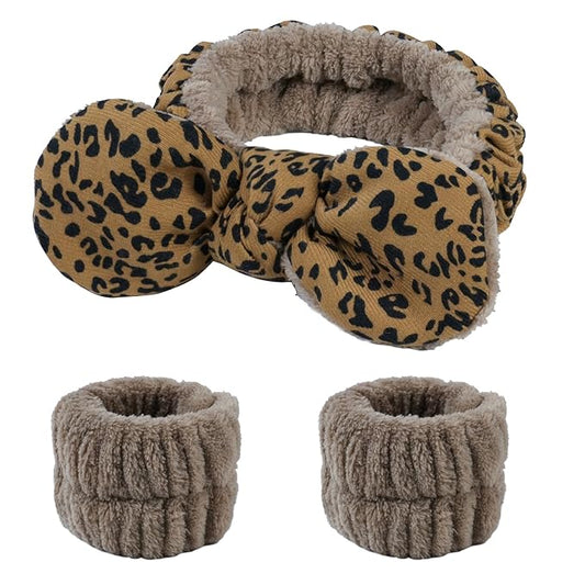 Fmeida Headbands for Women's Hair - Soft Skincare Facial Headband - Spa Headband and Wrist Bands for Washing Face, Brown Leopard, 3 Pack