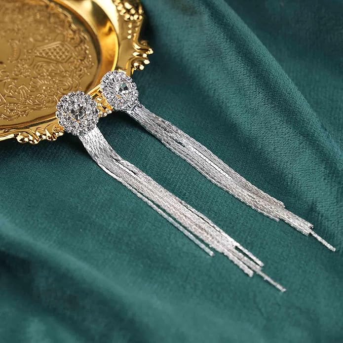 Vintage Crystal Chandelier Dangle Earrings Rhinestone Tassel Chain Earrings Wedding Chandelier Earrings Silver Full Cz Chain Earrings Jewelry for Women