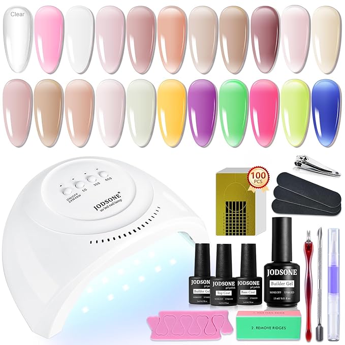 JODSONE Builder Gel Nail Kit with U V Light Base Top Coat 21 Colors High Shine Builder Gel and 100 PCS Extension Stickers