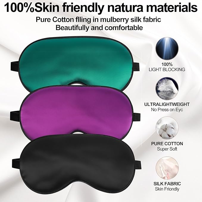 Sleep Mask, Silk Eye Mask for Sleeping with Adjustable Strap, Blindfold Eyeshade for Men & Women, Comfortable & Soft Eye Cover Eyeshade for Night Sleep (Black, Green, Purple)