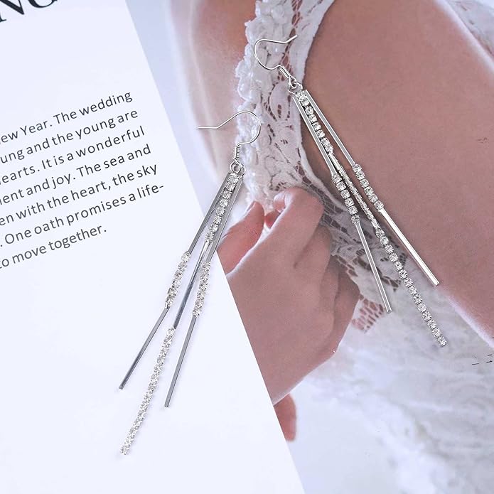 Vintage Crystal Tassel Earrings Rhinestone Bar Drop Earrings Long Rhinestone Chain Earrings Gold Cz Bar Hook Earrings Sparkle Tennis Chain Earrings Jewelry for Women