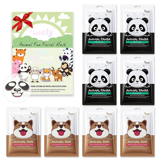 Kaely 8 Pack Animal Character Sheet Masks, Face Masks for Kids Teens Skin Care, Korean Soothe Facial Mask for All Skin Types, Girls Night Skincare Spa Party, Birthday Gifts for Women Men, Set02