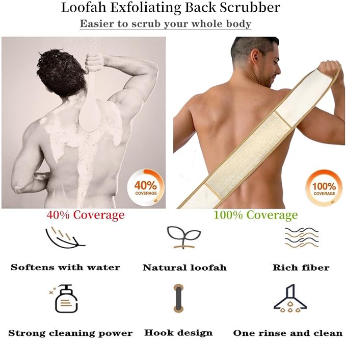 Exfoliating Natural Loofah Sponge Back Scrubber for Shower, Exfoliating Sponge for Shower, Bath Shower Scrubber for Men and Women, Luffa Scrubber to Clean Your Back Deeply Relax Your Body (1 Pack)