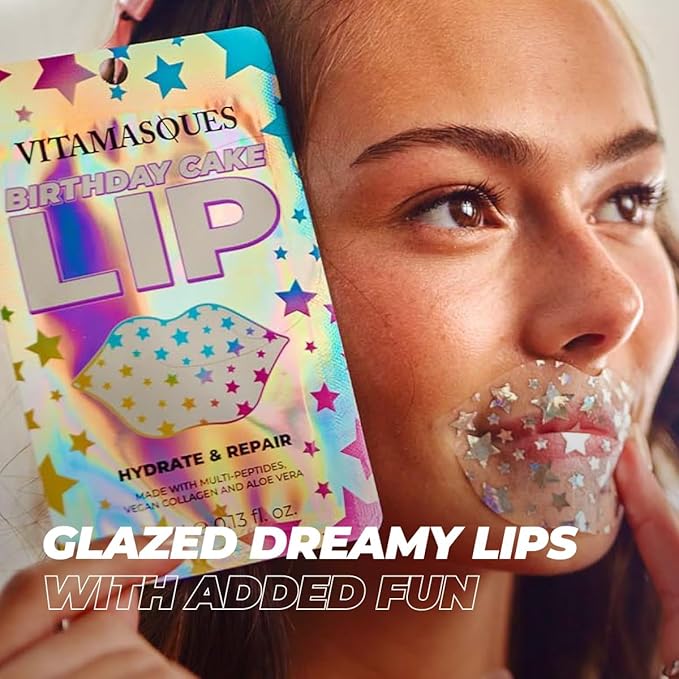 Vitamasques Lip Mask, 3-Pack -Birthday Cake Collagen Lip Mask Sheets, Repair for Dry & Chapped Lips - Nourishing & Hydrating - Vegan & Cruelty-Free Korean Skin Care