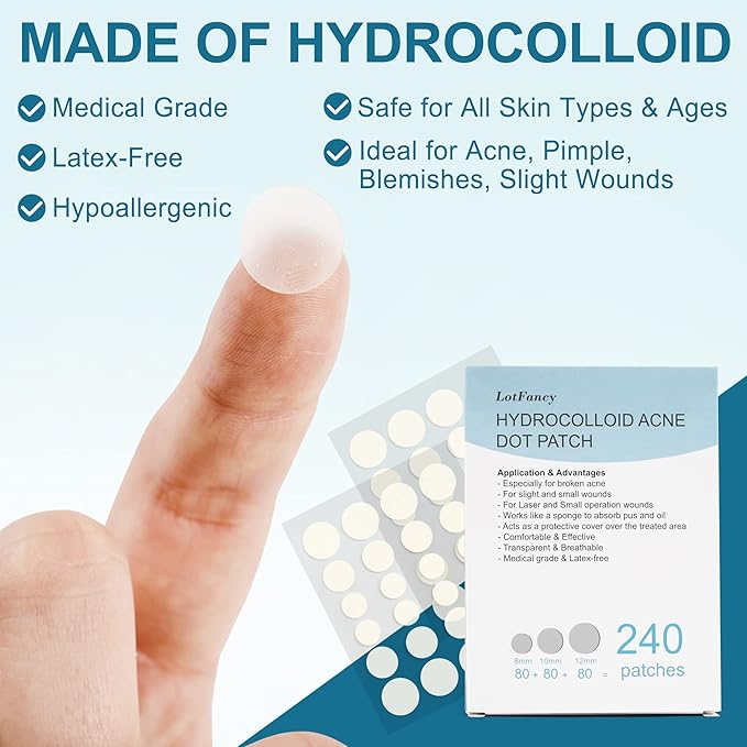 LotFancy Acne Patches, 240 Count, 3 Sizes (12, 10, 8mm), Hydrocolloid Pimple Patches for Face, Clear Zit Stickers for Blemishes, Spots, Skin Acne Dots Treatment