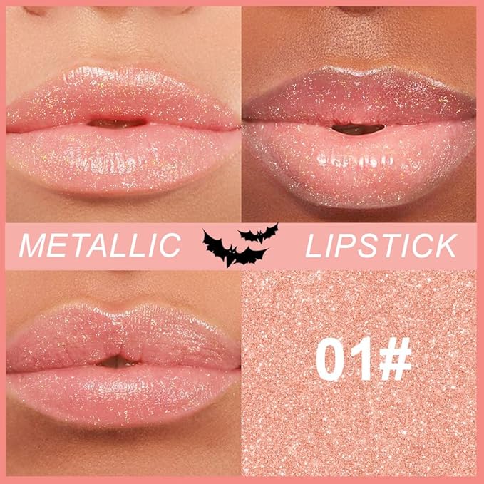 Kaely Glitter Metallic Lipstick, Shimmer Metallic Lipsticks for Women, High Pigmented Lip Color Long Lasting Waterproof Smudge Proof 24 Hour, Halloween Makeup, Vegan & Cruelty-Free, 01