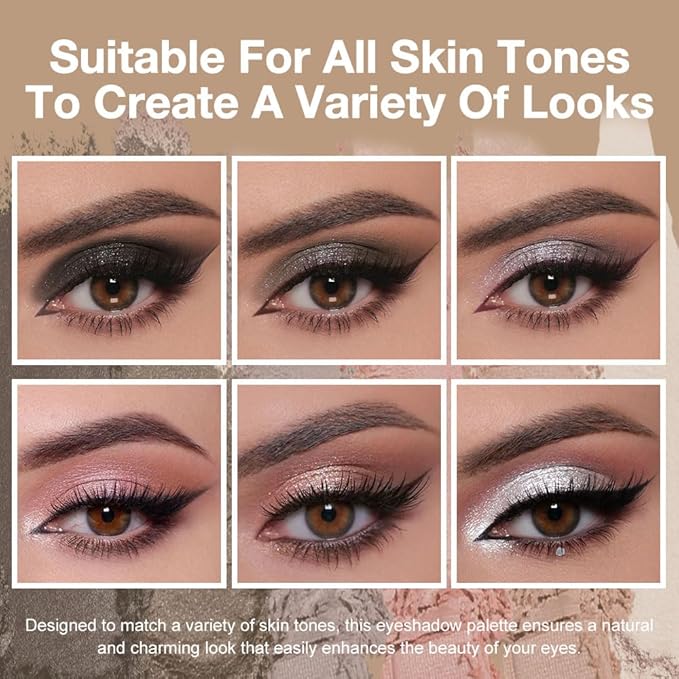 6 Colors Travel Eye Shadow Palette Makeup, Black Dark Smoky Grey Nude Pink Rose Champagne Gold Pearl White Sparkly Shimmer Glitter High Pigment Mini Eyeshadow Palette for Older Women, Built in Mirror