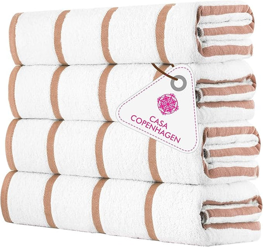 CASA COPENHAGEN Cabana Beach Towel Designed in Denmark Rough and Tough, Quick Dry, Pool, Bath & Shower 30x60 inches 4 Pieces Cotton Beach Bath Towels Set - White Beige Stripe