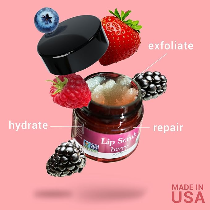 Organic Lip Scrub Berry - Lip Scrubs Exfoliator & Moisturizer, Lip Exfoliator Scrub, Sugar Lip Scrubs, Lip Sugar Scrub, Lip Care Products for Chapped Lips, Lip Scrubber, Lip Moisturizer for Dry Lips