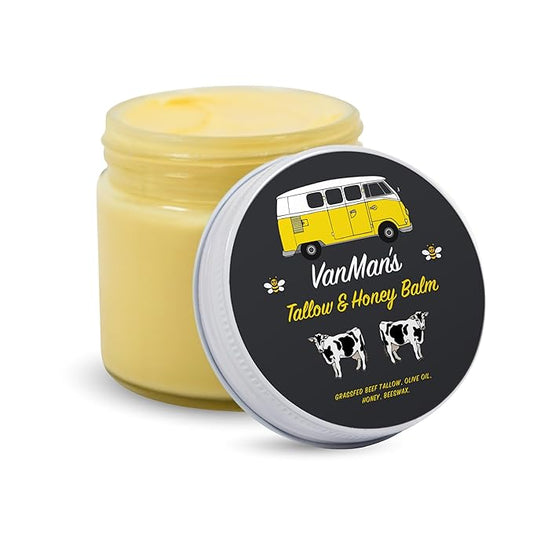 Vanman's - Tallow and Honey Balm With No Added Scent Jumbo - Beef Tallow Face Moisturizer with Grass-Fed/Finished Beef Tallow for Skin, Organic Raw Honey and Beeswax, Cold Pressed Olive Oil - 6.3 oz