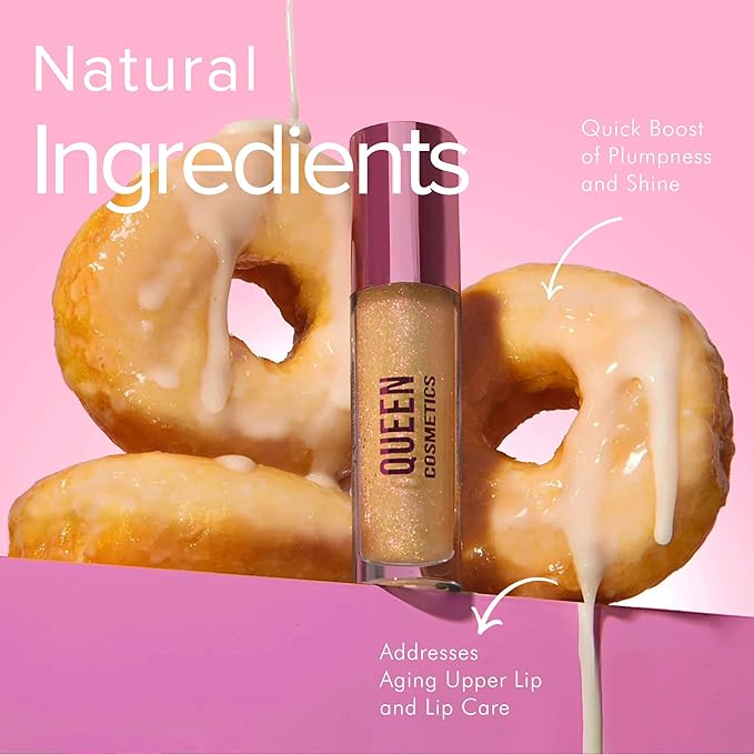 Queen Cosmetics Lip Plumper Gloss, 0.5 Fl Oz. High Shine Finish, Long Lasting Paraben Free Hyaluronic Acid & Vegan - Hydrating Lip Gloss & Moisturizing Mega Volume Lip Plumping Gloss (Glazed Donut)