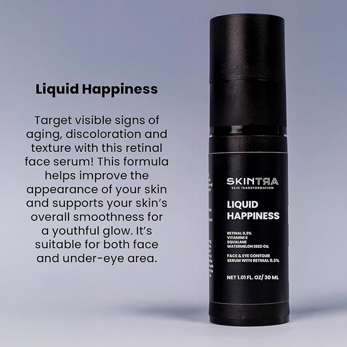Liquid Happiness Anti Aging 0.3% Retinaldehyde Serum for Face & Eyes - Retinal Discoloration Correcting Serum with Fast Absorbing Squalane - Boosts Firmness - Vegan, 30 ml/Net 1.01 Fl. Oz