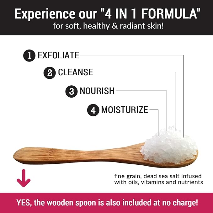 pureSCRUBS Premium Unscented Body Scrub Set - Large 16oz Dead Sea Salt Body Scrub With Infused Essential Oils & Nutrients, Includes Wooden Spoon, Loofah & Oatmeal Exfoliating Bar Soap