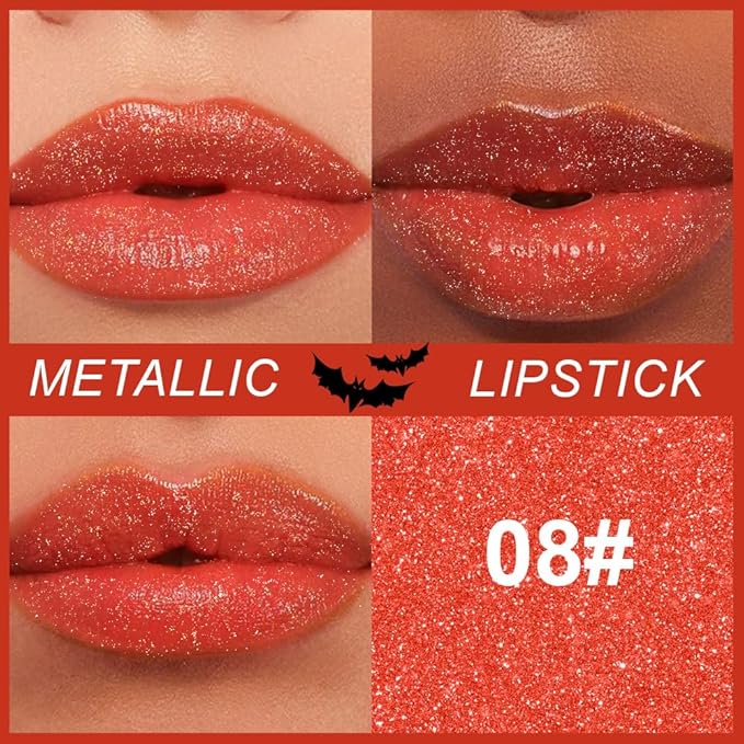 Kaely Glitter Metallic Lipstick, Shimmer Metallic Lipsticks for Women, High Pigmented Lip Color Long Lasting Waterproof Smudge Proof 24 Hour, Halloween Makeup, Vegan & Cruelty-Free, 08