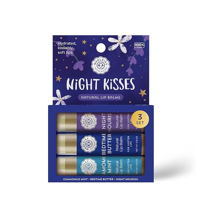 Lip Balm Set: All-Natural Shea Butter, Beeswax, Coconut Oil, Vitamin E Infused Lip Moisturizer Care (3 Pack, Night Kisses)