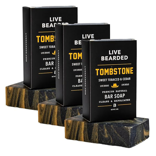 Live Bearded All-Natural Bar Soap for Men, 3-Pack of 5 oz - Made in the USA - Exfoliates and Moisturizes - Charcoal, Pumice, Shea Butter | Tombstone Scent - Sweet Tobacco, Cedar