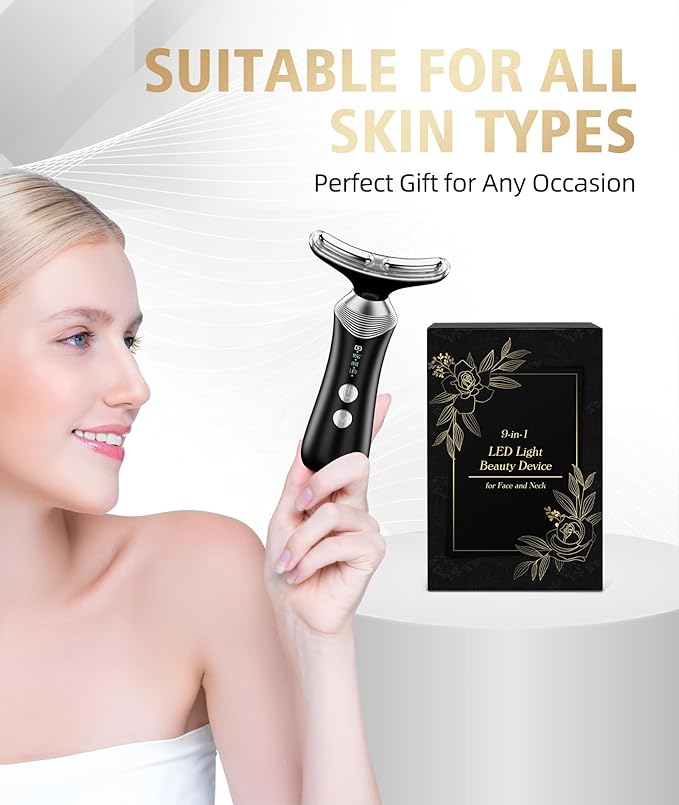 9-in-1 Red-Light-Therapy-for-Face-and-Neck, Portable Facial Massager Tool with Adjustable Vibration & Thermals for Wrinkles, Double Chin, Black