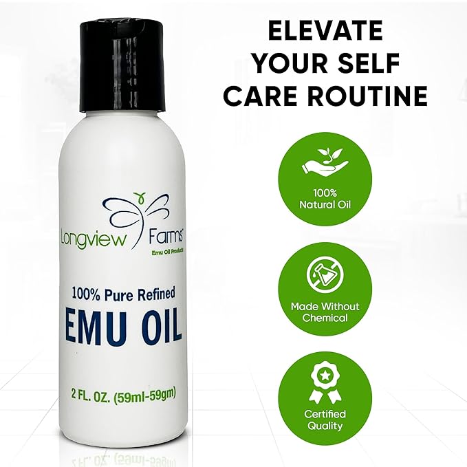 Longview Farms® Emu Oil - Hair and Body - 100% Pure & Refined Emu Oil for Skin & Hair Care | Premium Quality Hydration & Nourishment | 2 Fl. Oz