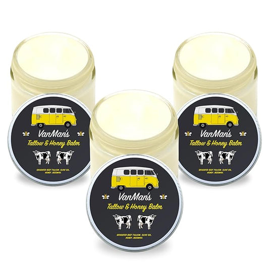 Vanman's Tallow and Honey Balm With No Added Scent (3 Pack) - Beef Tallow Face Moisturizer with Grass-Fed/Finished Beef Tallow for Skin, Organic Raw Honey and Beeswax, Cold Pressed Olive Oil - 2 oz