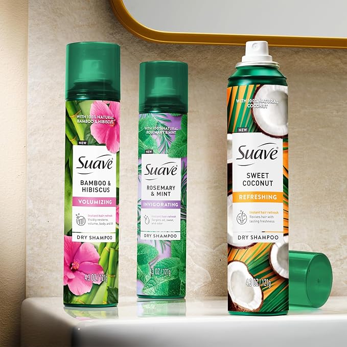 Suave+ Dry Shampoo Spray Variety 3-Pack – Invigorating Rosemary & Mint, Volumizing Bamboo & Hibiscus + Refreshing Sweet Coconut, 4.3 Oz Ea