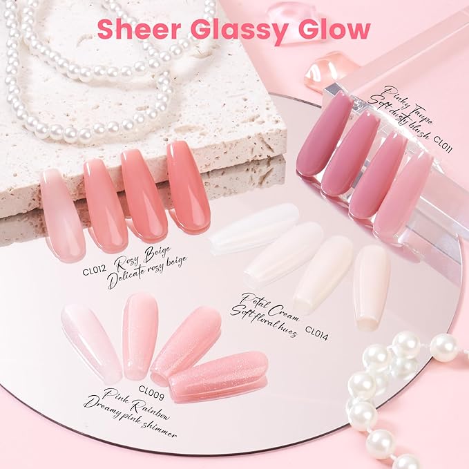 Jelly Gel Nail Polish Kit with U V Light, Hema-Free Milky Nude Sheer White Pink Gliter Gel Polish Set with Base & Top Coat Chrome Nail Powder, 4 Colors Mini Salon Nail Art Starter Gift for Women Girl