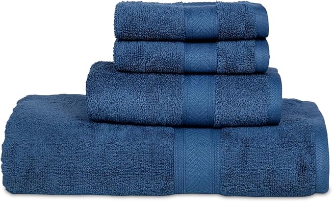 Casa Lino 100% Cotton Bath Towels Set of 4 (1 Bath Towel, 1 Hand Towel & 2 Wash Cloths) - Bathroom Towels and Washcloths Set - Complete Bathroom Set - Guest Room Essentials - (Cobalt Blue)