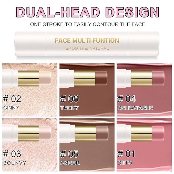 6 Colors Cream Contour Stick Makeup Kit, Shades with Highlighter Stick, Blush Stick and Double-End Bronzer Stick for Sculpt the Cheeks, Waterproof,Dewy & Matte Finish for Beginners (6 COLORS SET A)