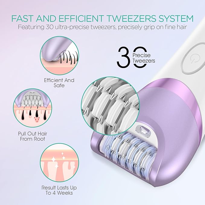 VOYOR Epilator for Women, Cordless Epilators Hair Removal for Women, 3 in 1 Hair Removal Device for Leg Arm Face with 30 Tweezers, Rechargeable Wet & Dry Electric Lady Shaver & Trimmer BM300 (Purple)