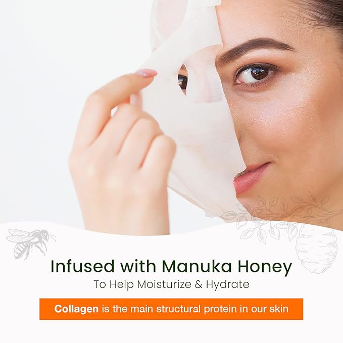 Collagen & Manuka Honey Sheet Face Mask - Anti-Aging, Hydrating, Skin Firming, Reduces Fine Lines, Dermatologist Tested, Cruelty Free Korean Skin Care For All Skin Types - 5 Masks