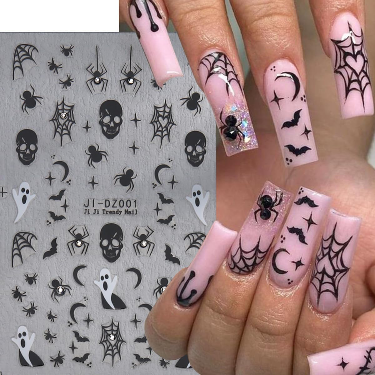 6Sheets Halloween Nail Stickers for Nail Art,3D Self-Adhesive Cute Ghost Spider Web Nail Decals with Rhinestones Design,Pink Pumpkin Spiders Skull Nail Art Stickers for Women Girls DIY Nail Decoration