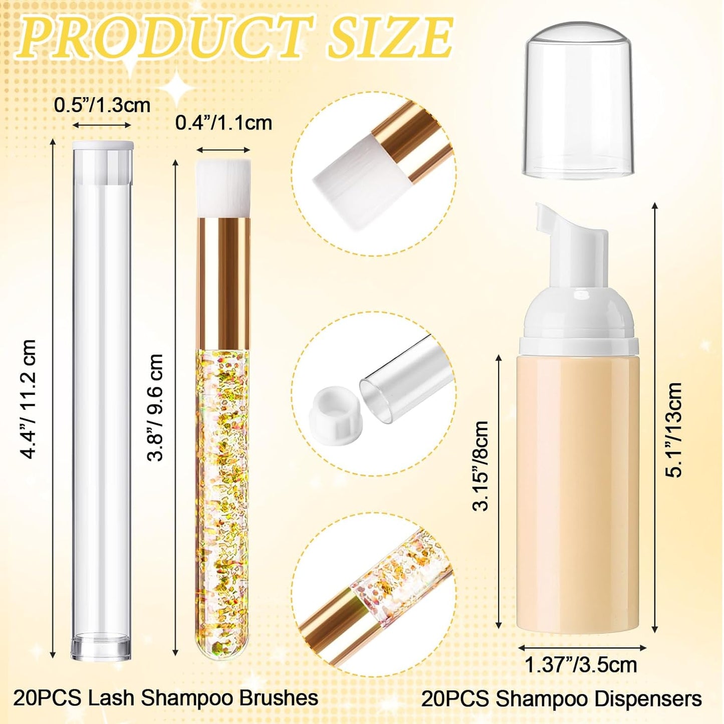 Zhehao 80 Pcs Lash Shampoo Bottle Brushes Kit 20 Foam Pump Dispensers 20 Lash Shampoo Brushes 20 Eyelash Aftercare Bag 20 Cleaning Pipes, Eyelash Extension Supplies(Gold)