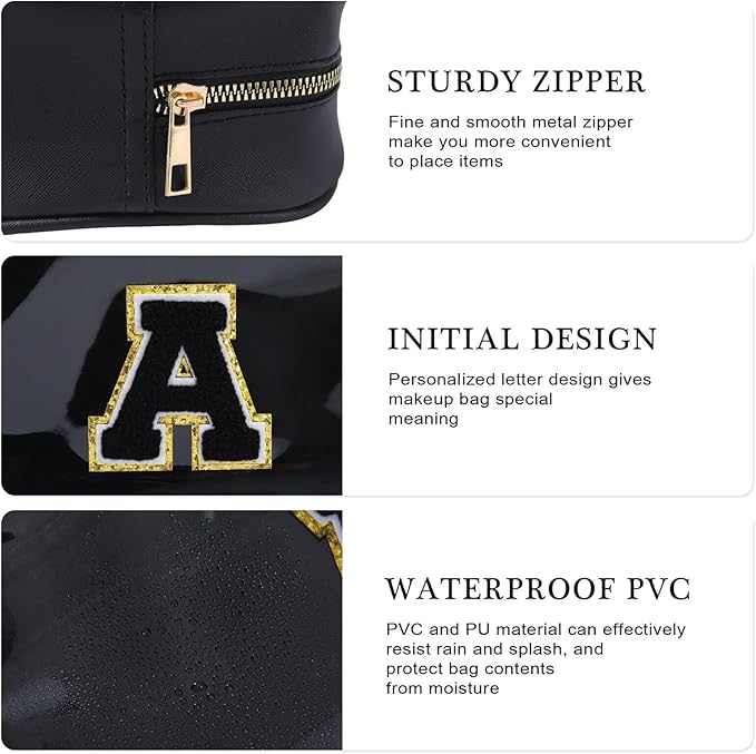 YOOLIFE Travel Clear Makeup Bag Toiletry Bag, Make up Bag Waterproof Toiletry Bags for Women Cosmetic Bag Birthday Gifts for Women Personalized Mother Girlfriend Wife Bridesmaid Gifts Black Letter C