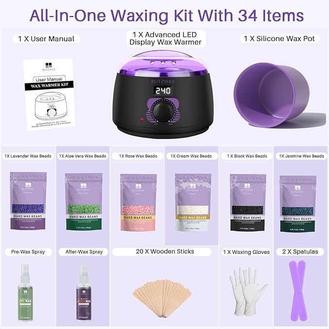 BLITZWAX Brazilian and Bikini Waxing Kit for Women, Hard Wax Warmer for Face, Legs and Body, At Home Hair Removal Kit, Beginner Friendly, Fast Heating, 51 Accessories, 6 Types Wax Bean Formula