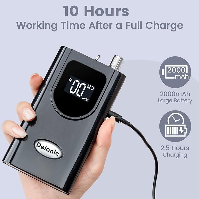 Delanie Professional Nail Drill High Torque 35000 RPM Rechargeable Portable Electric Nail File Filer for Acrylic Gel with Cuticle Bits, Salon Manicure Tool, Black