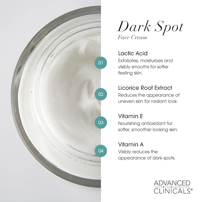 Advanced Clinicals Dark Spot Face Moisturizer | Lactic Acid Lotion For Face With Caffeine, Cocoa Butter, & Vitamin A | Brightening Cream Visibly Reduces Look Of Dark Spots & Uneven Skin Tone, 2 Fl Oz