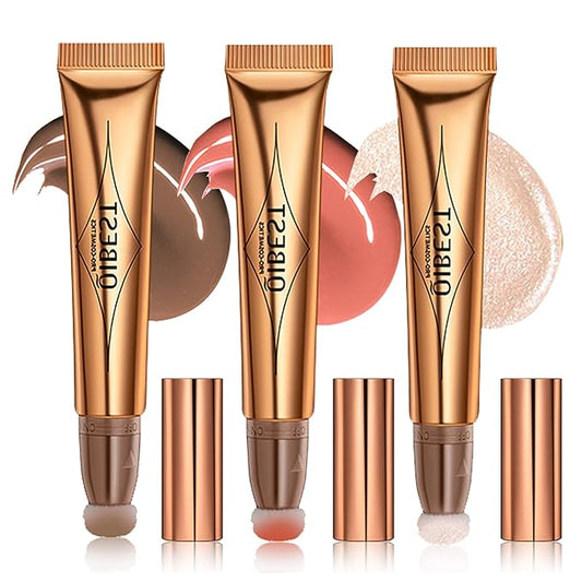 3PCS Liquid Contour Beauty Wand, Liquid Blush Highlighter Makeup Stick with Applicator, Cream Bronzer Stick Natural Matte Finish, Lightweight Blendable Cream Contour Highlighter Blush Wand
