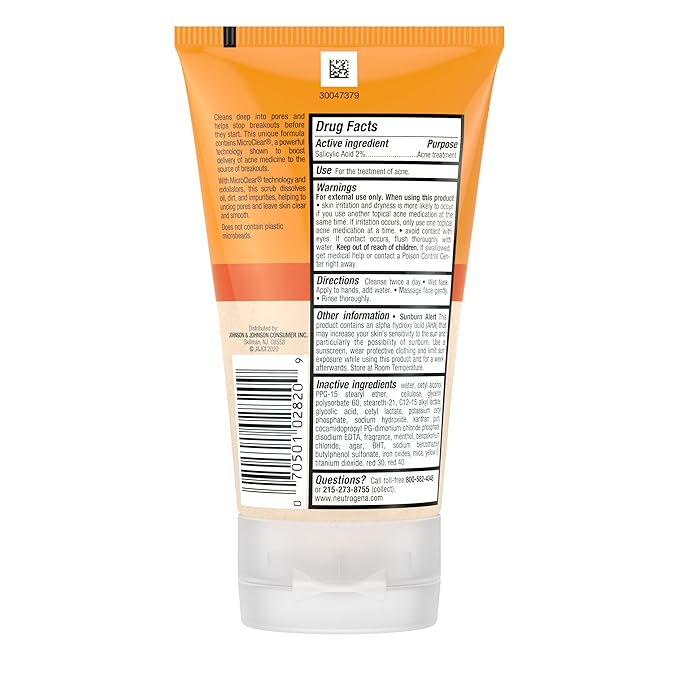 Neutrogena Oil-Free Acne Face Wash with 2% Salicylic Acid, Daily Exfoliating Scrub & Acne Treatment for Oily, Acne-Prone Skin, Clears Breakouts & Blackheads, 4.2 fl. oz