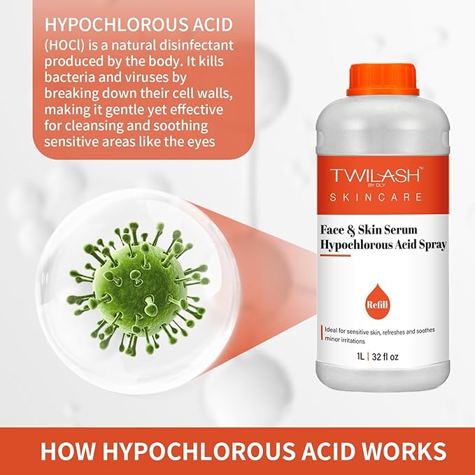 Hypochlorous Acid Spray Refill | HOCl Face & Skin Cleanser | Facial Mist, Acne & Eczema Relief, Tattoo & Piercing Aftercare | Eyelid & Lash Cleanser | Alcohol-Free Toner (32 Fl Oz)