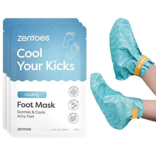 ZenToes Cooling Foot Mask - Hydrating Peppermint & Shea Butter Sheet Masks with Menthol for Soothing Tired, Achy, Dry Feet - Spa Treatment at Home, Paraben & Sulfate Free, 3 Pairs