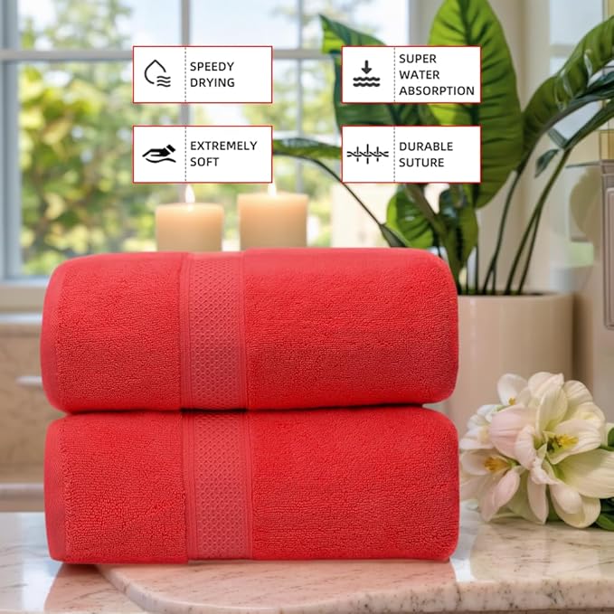 Fluffy Cotton Bath Towels Set650GSM,2-Piece Set, Thickened and Enlarged(31.5x63 inches),Super Absorbent,Soft,Suitable for Hotel, Bathroom, Swimming Pool, SPA,Gift(2, Watermelon Red, 31.5x63in)