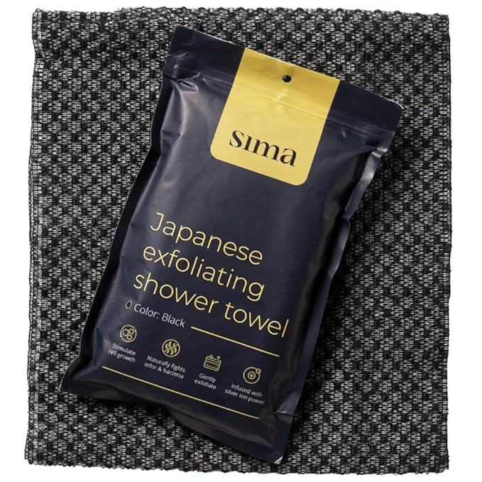 Exfoliating Washcloth Face & Body Scrub Towel - Japanese Exfoliating Towel with Hexagon Fibers, Body Scrubber with 2 Sides for Scrubbing & Washing, Extra Long Body Towel (Black)