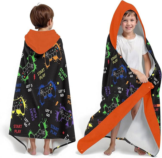 Gamepad Theme Hooded Beach Towel for Boy, 35" x 60" Kids Poncho Bath Towel for Toddler, Light Blue Soft Absorbent with Hood for 3-10 Years Bathrobe for Swimming Pool Bath