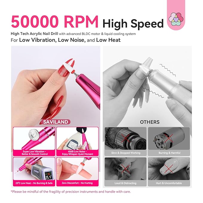 SAVILAND Electric Nail Drill 50000 RPM: Cordless Electric Nail File 10 H Battery Life Rechargeable Nail Drill Kit with Ceramic Drill Bits for Acrylic Nail Removal Ambient Light Black and Pink Ombre