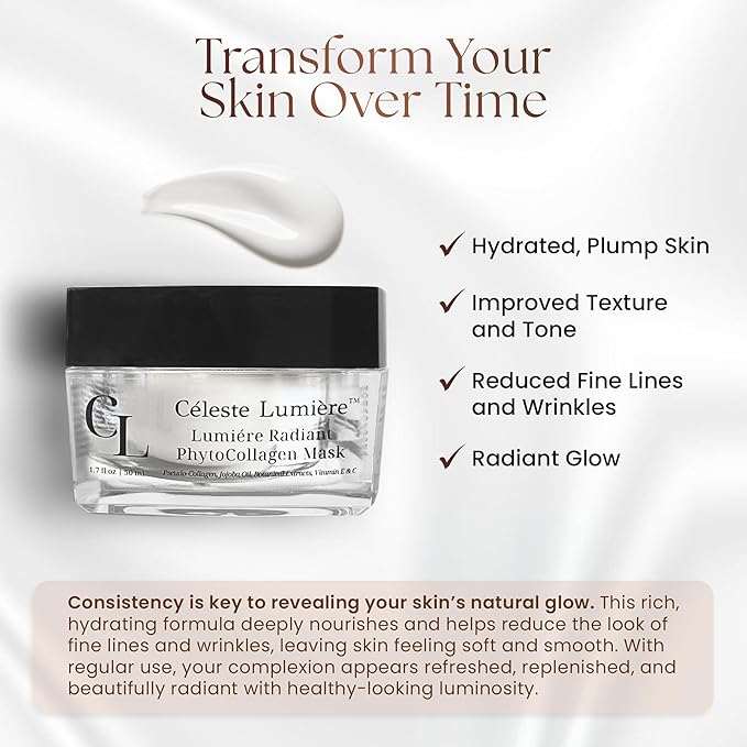 Lumière Radiant PhytoCollagen Mask - Luxury Hydrating Face Mask Formula with Plant Collagen & Botanical Oils - Moisturizes, Nourishes & Enhances Glowing Beauty - 1.7 fl oz / 50ml