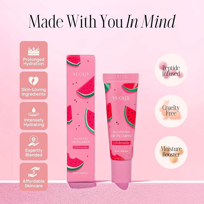 YUGLO Lip Plumping Gloss with Multi-Peptides | Watermelon Flavor | Hydrating & Nourishing Lip Gloss Treatment for Smooth, Youthful Lips | High-Shine Lip Plumper