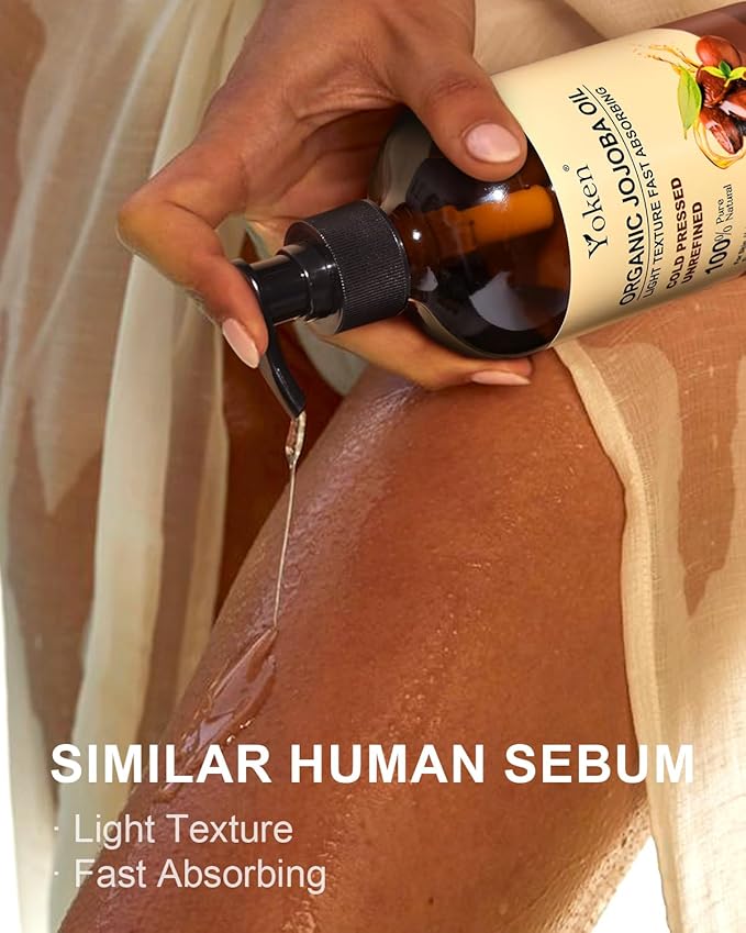 Yoken Organic Jojoba Oil Glass Bottle 16 fl oz, USDA Certified 100% Pure & Natural Jojoba Oil for Hair, Skin & Face, Cold Pressed Unrefined Hexane Free, Deeply Moisturizing Body Serum for Gua Sha