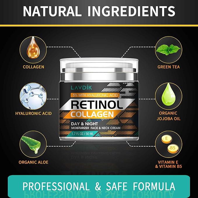 Retinol Cream for Face with Hyaluronic Acid, Moisturizer Anti Aging Collagen Cream for Women and Men, Reduce Wrinkles, Fine Lines, Day and Night,1.7 Fl Oz